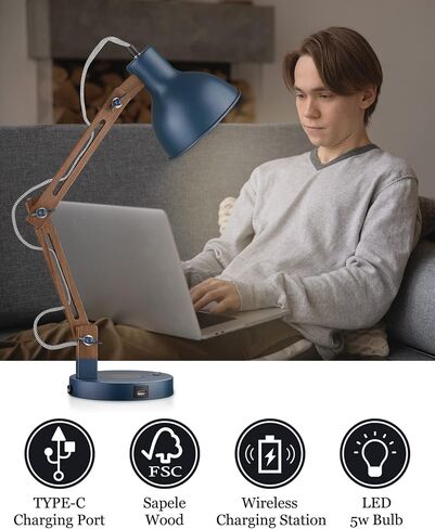 مصباح مكتب إيليونا الأبيض مع شاحن لاسلكي ، مصباح طاولة خشب صلبة مع ميناء شحن USB C ، وضوء قراءة الذراع المتأرجح مع مصباح LED 5W للمسكن الجامعي ، والمكتب ، وغرفة المعيشة ، وغرفة النوم ، ومزرعة in Kuwait