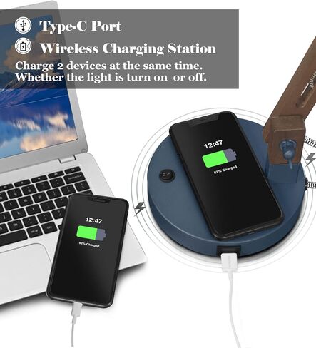 مصباح مكتب إيليونا الأبيض مع شاحن لاسلكي ، مصباح طاولة خشب صلبة مع ميناء شحن USB C ، وضوء قراءة الذراع المتأرجح مع مصباح LED 5W للمسكن الجامعي ، والمكتب ، وغرفة المعيشة ، وغرفة النوم ، ومزرعة in Kuwait