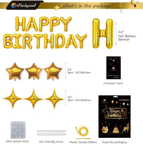 iPartycool 24pcs Happy Birthday Balloons, Birthday Decorations, 3D Gold Premium Foil Letter Happy Birthday Banner with 6pcs Star Balloons for Kids Men Women Adults Birthday Party Decorations Supplies in Kuwait