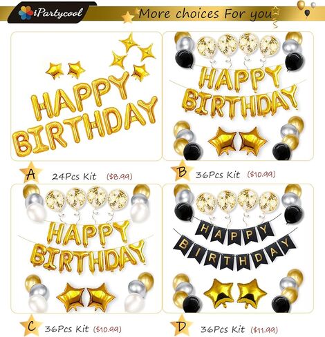 iPartycool 24pcs Happy Birthday Balloons, Birthday Decorations, 3D Gold Premium Foil Letter Happy Birthday Banner with 6pcs Star Balloons for Kids Men Women Adults Birthday Party Decorations Supplies in Kuwait