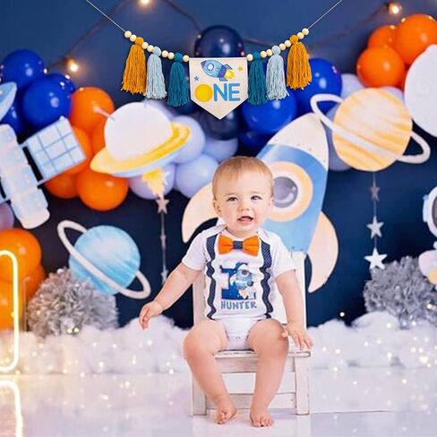 Outer Space ONE High Chair Banner - First Trip Around The Sun Birthday Party Decorations,Space Themed First Birthday Highchair Banner,Space Ship Sign Decor (outer space banner) in Saudi Arabia