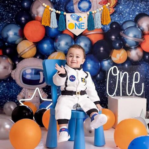 Outer Space ONE High Chair Banner - First Trip Around The Sun Birthday Party Decorations,Space Themed First Birthday Highchair Banner,Space Ship Sign Decor (outer space banner) in Saudi Arabia