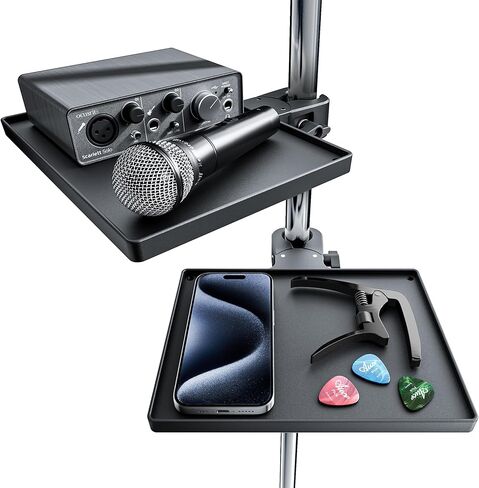 Microphone Stand Plastic Tray, Mic Stand Clamp-On Rack Tray Holder for Most Mic Stands, for Stage, Live Streaming, Concert Performance, Karaoke (9" x 6.6") (【Black 】x 2pcs) in Kuwait