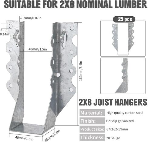 2x10 Joist Hanger,20 Gauge Double Shear Face Mount Joist Hanger,Hurricane Ties for Rafters Tie Brackets Great for Floor Deck and Ceiling Joists (2*10 Joist Hanger 25pcs) in Saudi Arabia