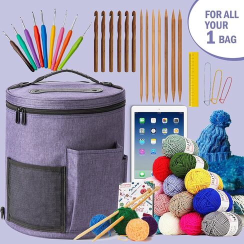 Expandable Crochet Bag-Knitting Bag Yarn Storage Organizer - Yarn Bag and Crochet Tote, Yarn Holder for Crocheting, Crochet Accessories, Suppliers, Needles with Zipper Closure-Ideal Gift in Kuwait