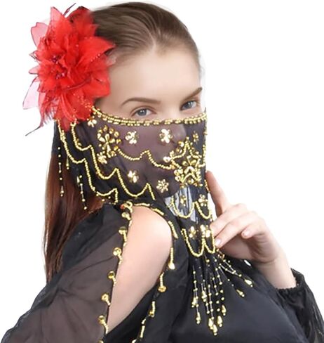 حجاب الوجه من بيسدان، أزياء الرقص الشرقي، حجاب شبكي للوجه مع إكسسوار أزياء الهالوين المطرز (أرجواني نقي) in Kuwait