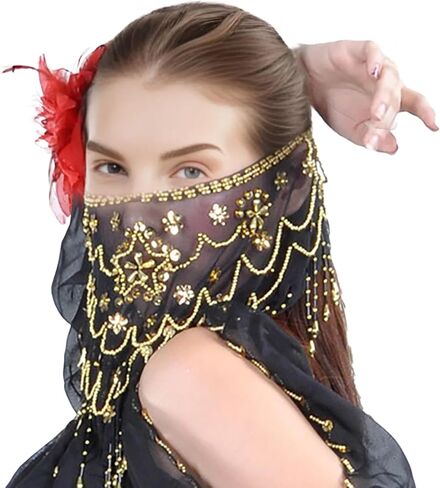 حجاب الوجه من بيسدان، أزياء الرقص الشرقي، حجاب شبكي للوجه مع إكسسوار أزياء الهالوين المطرز (أرجواني نقي) in Kuwait