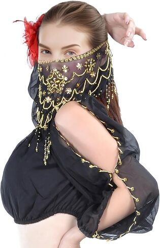 حجاب الوجه من بيسدان، أزياء الرقص الشرقي، حجاب شبكي للوجه مع إكسسوار أزياء الهالوين المطرز (أرجواني نقي) in Kuwait