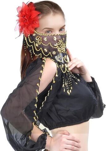 حجاب الوجه من بيسدان، أزياء الرقص الشرقي، حجاب شبكي للوجه مع إكسسوار أزياء الهالوين المطرز (أرجواني نقي) in Kuwait