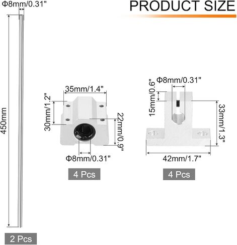 uxcell 2 Pcs 8mm x 400mm Linear Motion Rail Shaft Slide Guide with 4 Pcs SCS8UU Bearings and 4 Pcs SK8 Rail Support Linear Motion Rod Shaft Guide Set for CNC Machine 3D Printer, Silver in Saudi Arabia