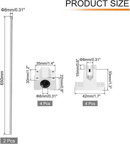 uxcell 2 Pcs 8mm x 400mm Linear Motion Rail Shaft Slide Guide with 4 Pcs SCS8UU Bearings and 4 Pcs SK8 Rail Support Linear Motion Rod Shaft Guide Set for CNC Machine 3D Printer, Silver in Saudi Arabia