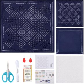 FREEBLOSS Sashiko Tea Mat DIY Japanese Sashiko Kit with Instructions Sashiko Kit for Beginners 10.24 * 10.24'' Flower Sashiko Tea Mat Pre-Printed Sashiko Cloth Needlework Kit for Housewarming Gift