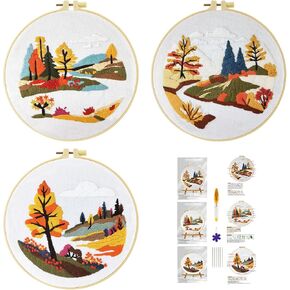 51buyoutgo 3 Pack Landscape Embroidery Starter Kit, Beginning Easy Funny at Home Hand Embroidery Pattern Kits Set for Beginners Adults, Stamped Counted Cross Stitch Crossstitch, Diy Simple Needlepoint