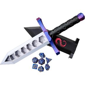 حامل السيف ثلاثي الأبعاد من أفضل مجموعة من الأدوات (Dragon -Patterned 7pcs D20 DICE SET) ، وتخزين زهر متعدد الأطوار مخصص لـ Tabletop RPG - Dungeons and Dragons - DND - D&D (Purple & Blue)