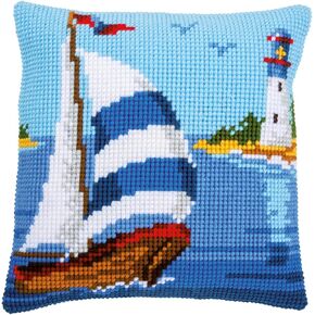 Vervaco Cross Stitch Embroidery Kits Pillow Front for Self-Embroidery with Embroidery Pattern on 100% Cotton and Embroidery Thread, 15,75 x 15,75 Inches - 40 x 40 cm, Sailboat