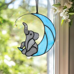 HDCRYSTALGIFTS Elephant Decor Stained Glass Window Hanging,Elephant on Moon with Star Handcrafted Sun Catcher Gifts for Birthday Women