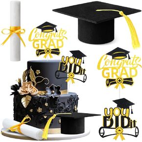 4 PCS Congrats Cake Topper يشملك هل فعلت ذلك Cake Topper Felt Assuation Cap مع زخارف دبلوم شرابة لعام 2025 لوازم التخرج من جامعة كبار السن (الأسود)