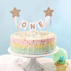 Gold Star Rainbow Cake Topper - أول عيد ميلاد باستيل قوس قزح الكعكة ، واطلاق النار على كعكة النجوم ، والفتاة الأولى