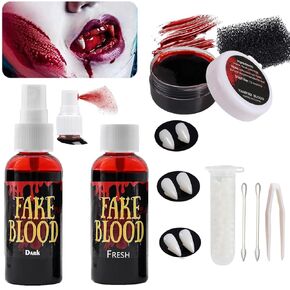 10 pcs Halloween Fake Blood(Coagulated+Spray+Dripping) Vampire fangs teeth,Washable Blood Splatter Makeup,Realistic Edible Bloods for Clothes, Vampire Makeup for Costume,Theater, Cosplay, Zombie