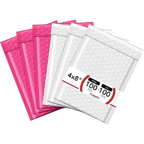 Fuxury 200pcs Bubble Mailers, 100 pcs 4x8 Padded Envelopes White +100Pcs 4x8 Bubble Mailer Pink, Self Seal Waterproof Mailing Envelopes Bubble Padded Bulk #0,#000 Mailers Bubble Padded