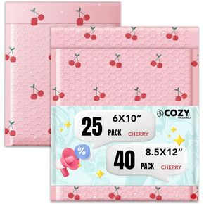 Cozymood Cute Bubble Mailers 6x10 Inch 25 Pack Cherry +Pretty Bubble Mailer 8.5x12 Inch 40 PackCherry Waterproof Padded Envelopes Self Seal, Cushioning for Gifts Packaging, Shipping, Mailing