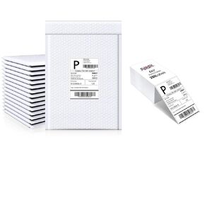 Fuxury Bubble Mailers 10.5x16" 25 Pack White Padded Envelopes + Thermal Labels 4x6 200 Labels Fanfold Direct Shipping Labels, for Small Business Mailing Shipping Supplies