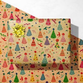 Giolniay Kraft Birthday Wrapping Paper for Kids Men Women Women Down - Wrap Goft Wrap مع تصميم تصميم قبعة الحفلات الملونة - 28 × 40 بوصة ، 4 أوراق مطوية ، من السهل تخزينها