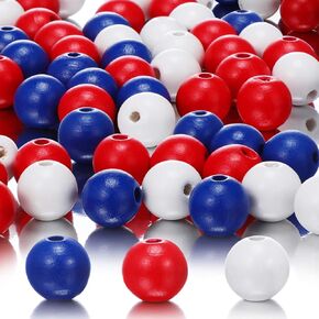 120 Pieces Round Patriotic Wooden Bead Independence Day 4th of July Loose Craft Beads for DIY Jewelry Garland Home Decoration(16 mm,Simple Pattern)