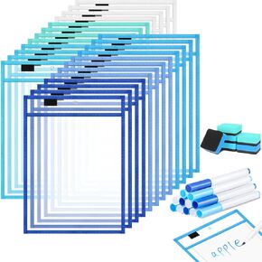 24 Pack Dry Erase Pocket Reusable Sleeves 10" x 14" Clear Plastic Sheet Protectors with Dry Erase Markers and Mini Sleeves Paper Teacher Supplies(Rainforest Green) in Kuwait