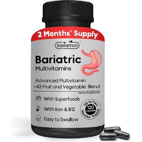 Kaitamin Bariatric Multivitamin with Iron - Easy-to-Swallow Capsule for Post Bariatric Surgery - Post Sleeve and Post Bypass with 42 Fruit & Veggies Blend - 120 Liquid Capsules - 2 Months’ Supply