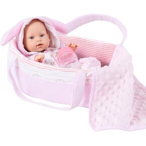 12" Girl Baby Dolls Bunny Theme Adoption Realistic Alive Dolls Carrier Bassinet Playset with Outfits,Blanket,Bunny Toy Stuff for Toddler 3 Ages and Up