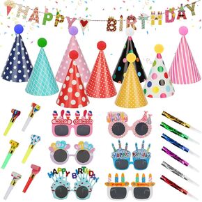 30 PCS Party Cone Hats نظارات عيد ميلاد مع انفجارات ملونة وتصنيع ضوضاء مفعم بالضوضاء المعدنية قبعات راية عيد ميلاد الحزب مع بوم بومس وسلك مرن للأطفال البالغين اللوازم حفلات استحمام الطفل