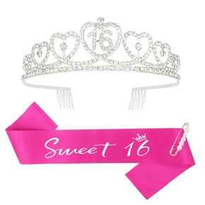 Silver Sweet 16 عيد ميلاد Sash و Tiara مجموعة للفتيات الفتيات الفتيات Rhinestone Birthday Crown Sweet Sixteen Party Decoration