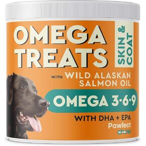 Pawfectchow Omega 3 للكلاب - يعالج زيت سمك السلمون في ألاسكا للكلاب - أحماض EPA و DHA الدهنية - مكملات الجلد والمعطف - الجلد الجاف ، سفك وإغاثة الحساسية - 120CT -BBQ Pork & Fish