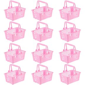 Toyandona 12pcs سلة التسوق سلة البقالة البلاستيكية سلة صغيرة تسوق مع مقابض لإكسسوارات الديكور الدمى (الوردي)