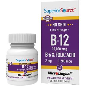 Superior Source No Shot Vitamin B12 Cyanocobalamin (10000 mcg), B6, Folic Acid, Quick Dissolve Sublingual Tablets, 60 Count, Increase Energy, Healthy Heart, Boost Metabolism, Stress Support, Non-GMO