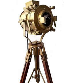 collectiblesBuy Vintage Antique Hollywood Theater Marine Searchlight Nautical Wooden Brown Tripod Handmade Brass Floor Lamp Retro Spotlight Home Decoration LED Lamps