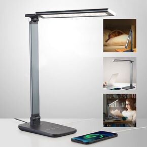 مصباح مكتب LED للمكتب المنزلي ، وضوء طاولة عمل قابلة للضوء ، وموانئ شحن USB ، والتحكم في اللمس ، وإضاءة المكتب الأسود ، و 3 أضاءة ليلية ، و 5 درجات حرارة إضاءة ، و 10 أوضاع سطوع ، وتصميم طويل القامة