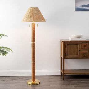 SAFAVIEH Lighting Collection Rayvi Boho Tropical Natural/Gold Rattan 62-inch Pull Chain Floor Lamp (LED Bulbs Included)