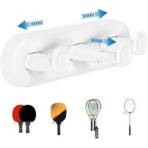 Adjustable Tennis Racket Storage, Ping Pong Paddle Holder, Rack for Pickleball Paddles, Badminton Racket, etc.,Wall Mounted, Slide-to-Size Extensible Hooks, Versatile Sports Organizer, 2 Pcs