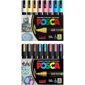 حزمة علامات posca ، 16 علامات الطلاء المتوسطة 5M - 8 نغمات ناعمة + 8 نغمات معدنية
