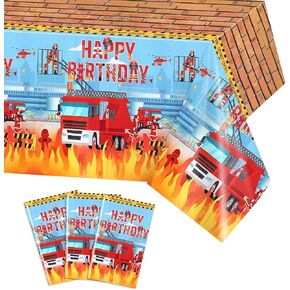 زخارف عيد ميلاد FOGARY FIRETRUCK 3 أجهزة كمبيوتر TIRETRUCK TOMLOTHS ، Firefighter Tableroths يمكن التخلص من طاولة المستطيل البلاستيكية للأطفال لوازم عيد ميلاد الأطفال دش الطفل 54 "× 108"