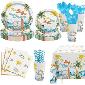 MEHOFOND 193Pcs The Big One First Birthday Decorations, Surf 1st Birthday Party Decorations Supplies, Plate, Cup, Napkin, Tablecloth, Summer Beach Surf 1st Tableware for 24 Guests