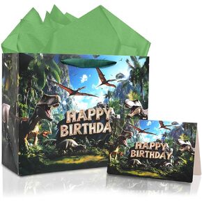 حقيبة هدايا عيد ميلاد Jocopuerto Dinosaur - 13 "حقيبة هدايا كبيرة عيد ميلاد سعيد مع ورق منسجة وبطاقة للأولاد أطفال الغابة في العالم لوازم حفلة عيد ميلاد