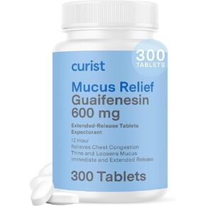 Curist Guaifenesin 600 mg Extended Release Tablets (300 Dye-Free Tablets) - Expectorant Mucus Relief, Generic Guaifenesin 600 mg, (Bulk Pack - 300 Tablets)