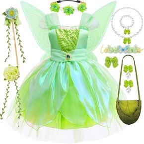 Girl Tinkerbell Cosplay Costume 7pcs Set ، Kid Fairy Halloween Princess Dress Up with Wings Wand Necklace