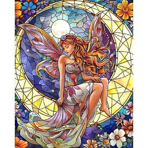 Zuvrdiai ملون زجاج القمر امرأة الفن الطلاء بأرقام مجموعات 16x20 بوصة القمر القمر Fairy Crescent Flowers Stars DIY لوحة الزيت للبالغين المبتدئين مع فرش رسومات الدهانات الأكريليك (لا إطار)