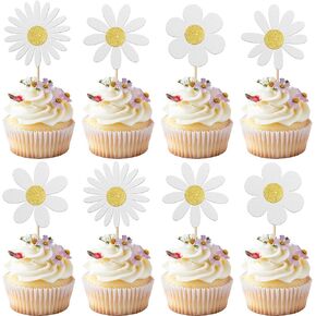 Rsstarxi 24 Pack White Daisy Cupcake Toppers Glitter Sunflower Spring Birthday Cupcake Picks for Baby Shower Wedding Birthday Party Cake Decorations Supplies in Saudi Arabia