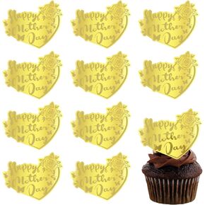 10 PCS عيد الأم Cupcake Topcake Gold Acrylic محفورة Rose على شكل قلب سعيد Cupcake Cupcake Topper for Mom Birthder Baby Supplies Supplies