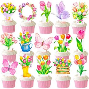 Tulips Cupcake Toppers 48pcs زخارف الحفلات الزنبق الربيع لحفلات الحفل
